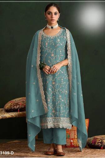 Blue vichitra silk semi stitched suit with embroidery & sequence work