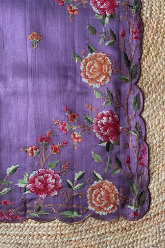 Lavender matka silk saree with heavy floral embroidery border with running blouse