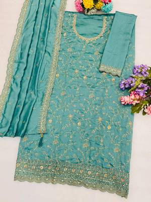 Blue vichitra silk suit with embroidered sequin  2
