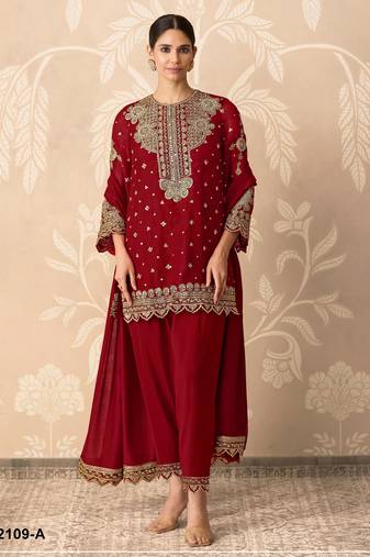 Red georgette semi stitched suit with embroidery & sequence work