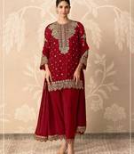 Red georgette semi stitched suit with embroidery & sequence work
