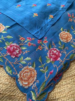 Teal matka silk saree with heavy floral embroidery border with running blouse 1