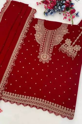 Red georgette semi stitched suit with embroidery & sequence work