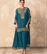 Teal blue georgette semi stitched suit with embroidery & sequence work
