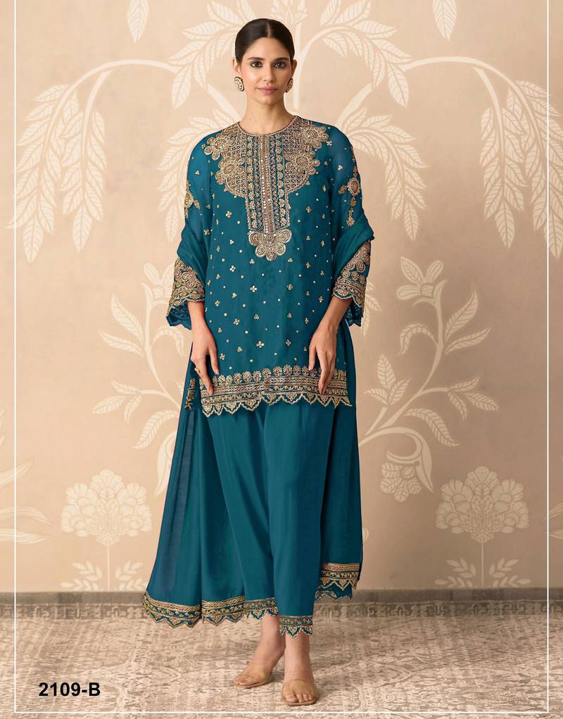 Teal blue georgette semi stitched suit with embroidery & sequence work