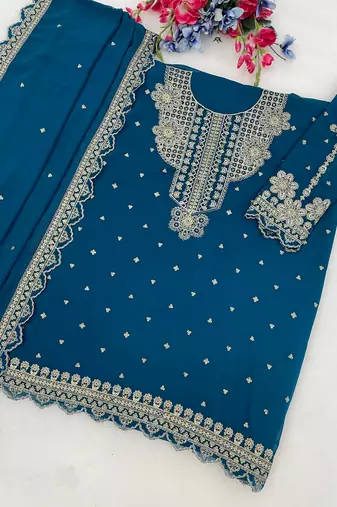 Teal blue georgette semi stitched suit with embroidery & sequence work