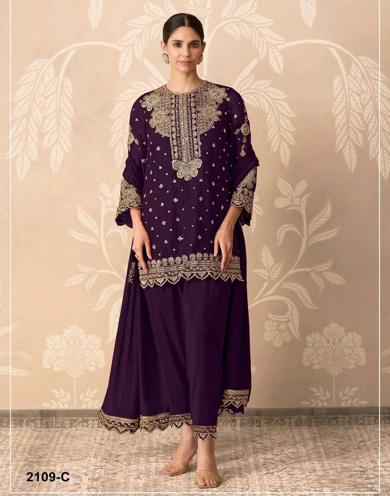 Purple georgette semi stitched suit with embroidery & sequence work