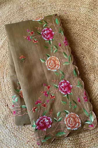 Brown matka silk saree with heavy floral embroidery border with running blouse