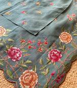 Sea green matka silk saree  with heavy floral embroidery border with running blouse