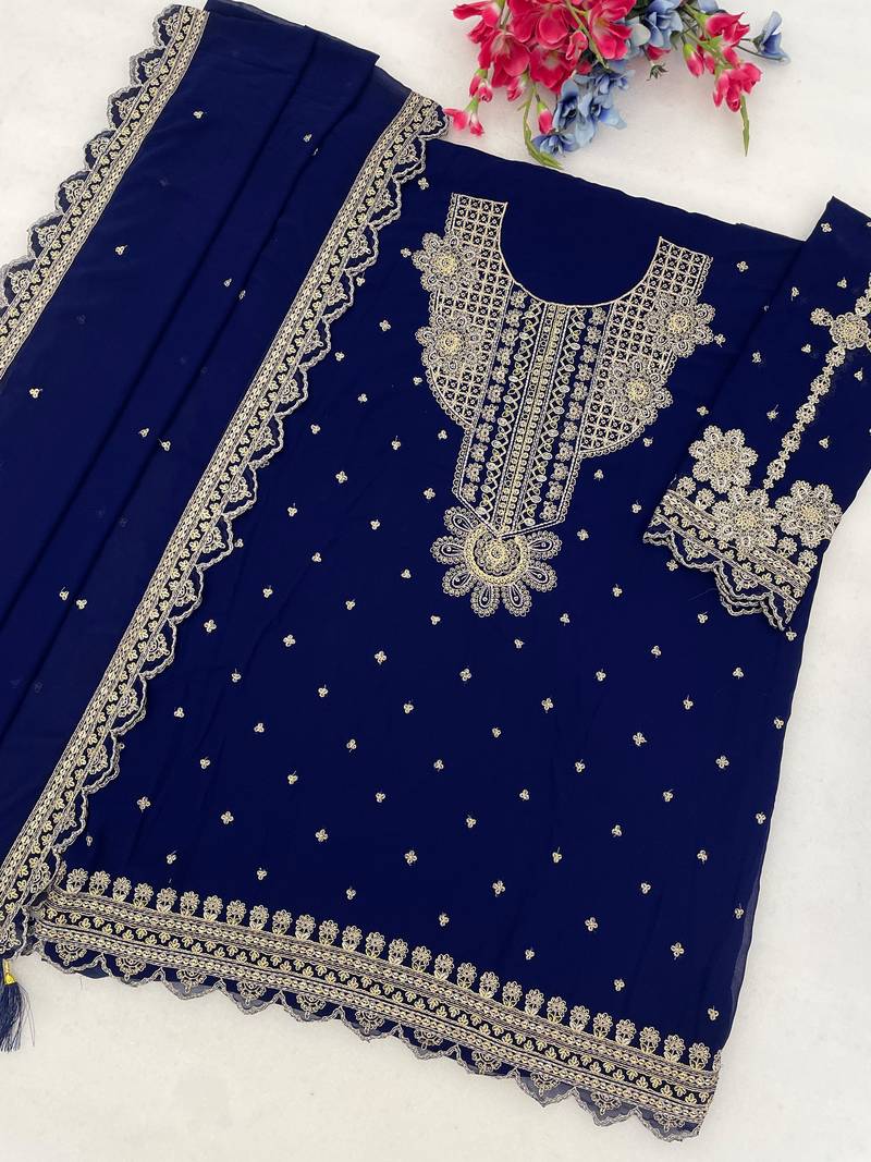 Dark Blue georgette semi stitched suit with embroidery & sequence work