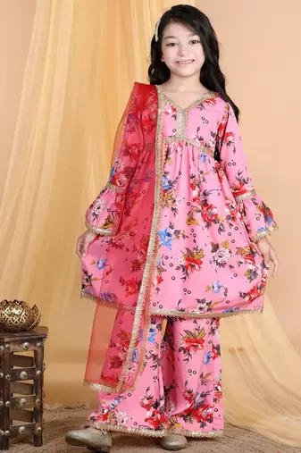 Pink floral printed silk blend ethnic kurta sharara set for girls