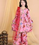 Pink floral printed silk blend ethnic kurta sharara set for girls