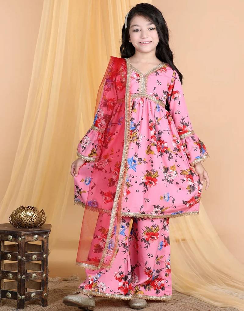 Pink floral printed silk blend ethnic kurta sharara set for girls