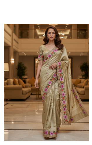 Golden Color Malti Thread Embroidery work art silk saree 1