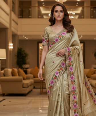 Golden Color Malti Thread Embroidery work Silk Saree