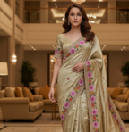 Golden Color Malti Thread Embroidery work Silk Saree