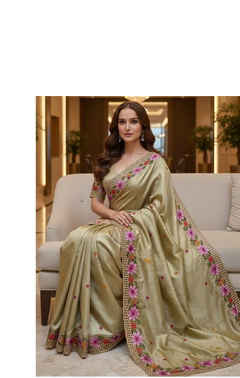 Golden Color Malti Thread Embroidery work art silk saree 2