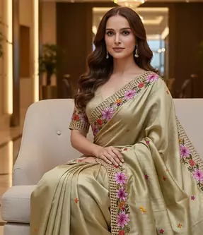 Golden Color Malti Thread Embroidery work art silk saree