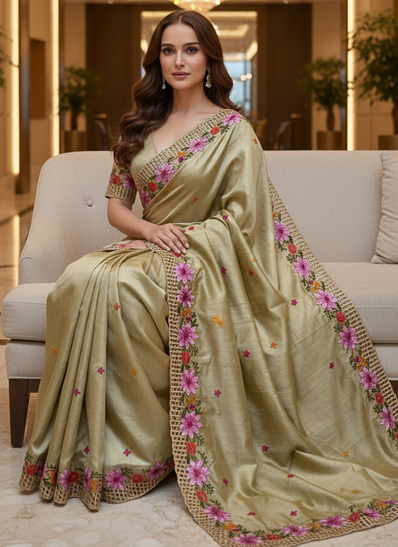 Golden Color Malti Thread Embroidery work Silk Saree