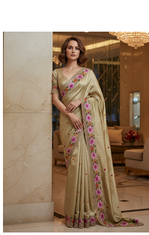 Golden Color Malti Thread Embroidery work art silk saree 3