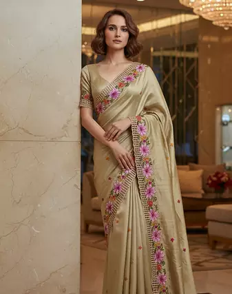 Golden Color Malti Thread Embroidery work art silk saree