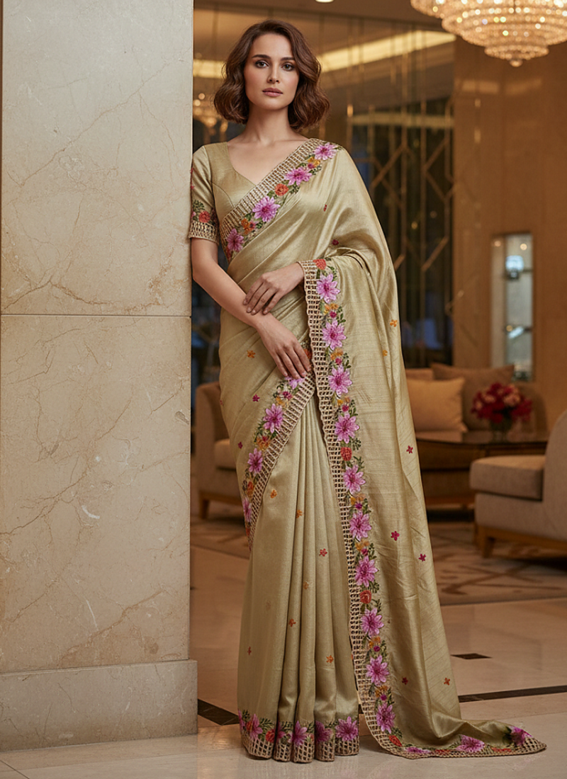 Golden Color Malti Thread Embroidery work Silk Saree