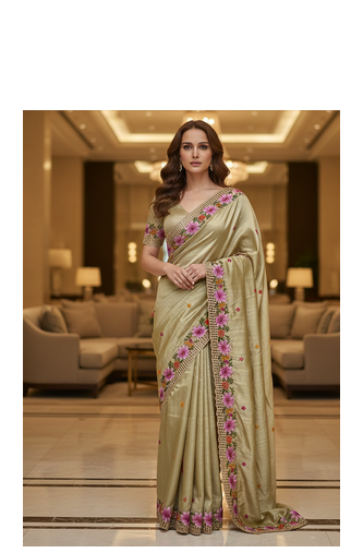 Golden Color Malti Thread Embroidery work art silk saree 4