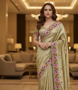 Golden Color Malti Thread Embroidery work art silk saree