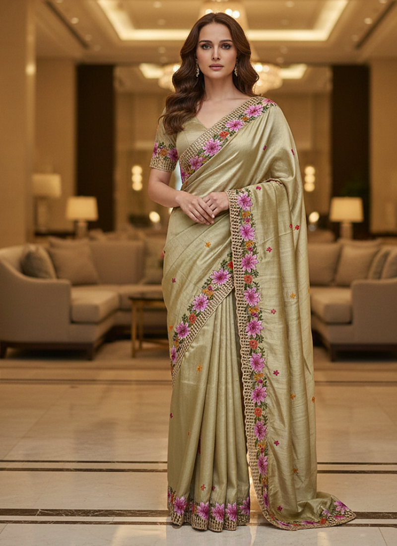 Golden Color Malti Thread Embroidery work Silk Saree