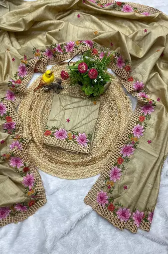 Golden Color Malti Thread Embroidery work art silk saree