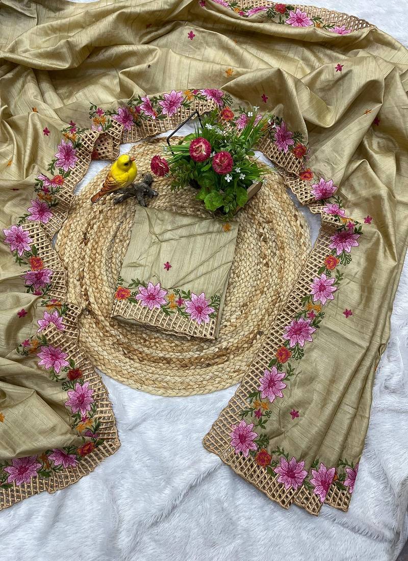 Golden Color Malti Thread Embroidery work Silk Saree