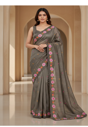 Grey Color Malti Thread Embroidery work art silk saree 1