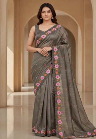 Grey Color Malti Thread Embroidery work Silk Saree