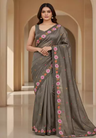 Grey Color Malti Thread Embroidery work Silk Saree