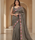 Grey Color Malti Thread Embroidery work Silk Saree