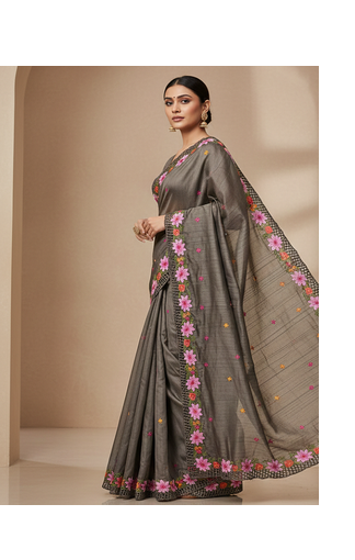Grey Color Malti Thread Embroidery work art silk saree 2