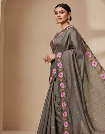 Grey Color Malti Thread Embroidery work art silk saree
