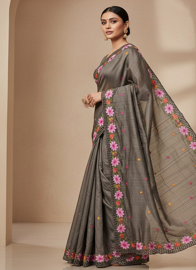 Grey Color Malti Thread Embroidery work Silk Saree