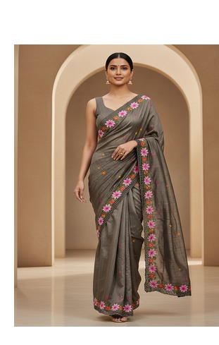 Grey Color Malti Thread Embroidery work art silk saree 3