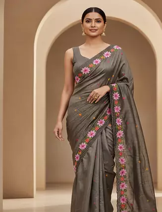 Grey Color Malti Thread Embroidery work art silk saree