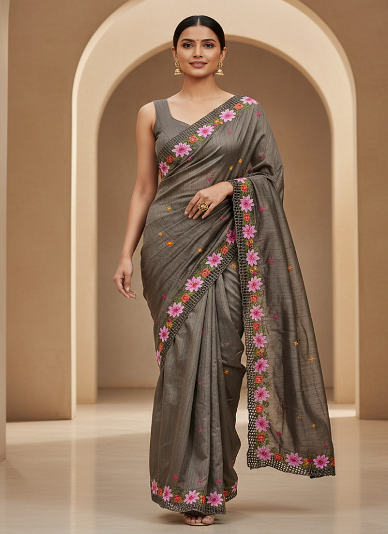 Grey Color Malti Thread Embroidery work Silk Saree