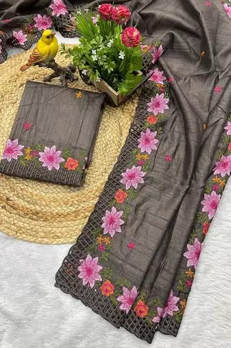 Grey Color Malti Thread Embroidery work art silk saree