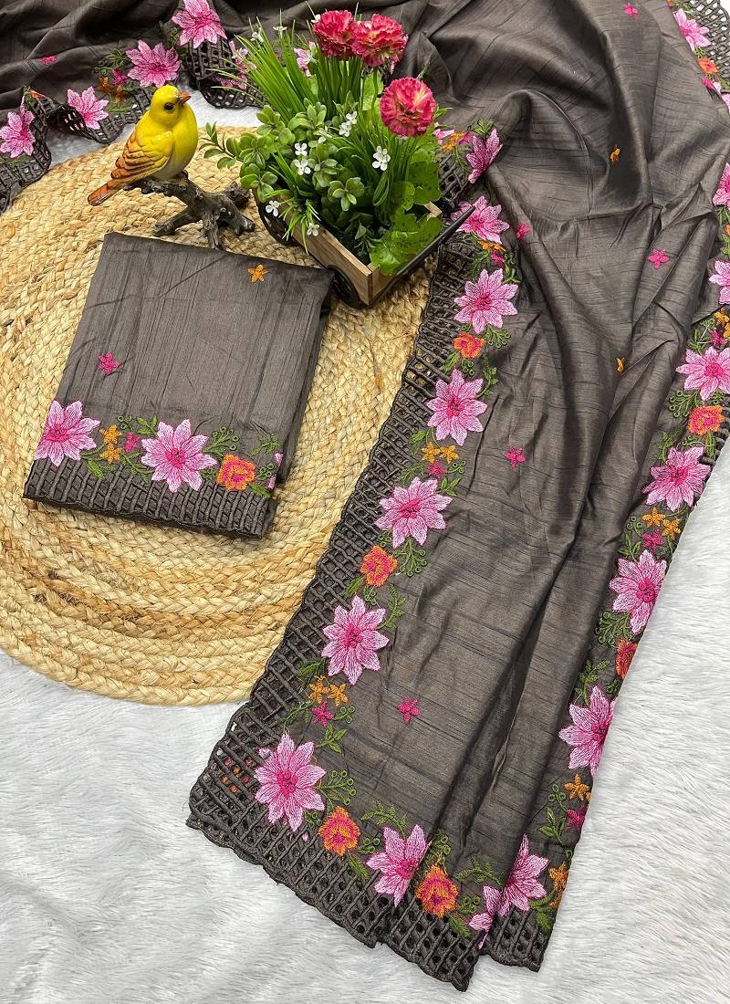 Grey Color Malti Thread Embroidery work Silk Saree