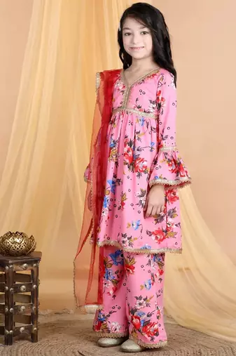 Pink floral printed silk blend ethnic kurta sharara set for girls