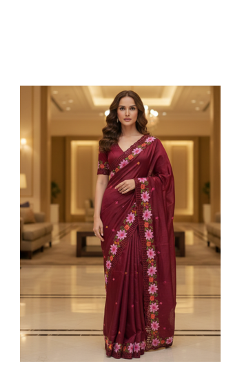 Red Color Malti Thread Embroidery work art silk saree 1