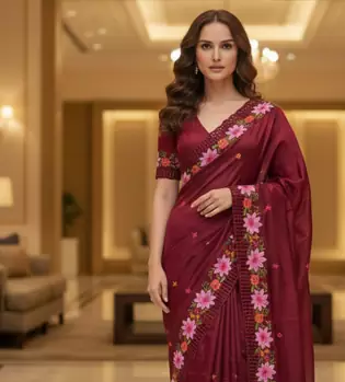 Red Color Malti Thread Embroidery work Silk Saree