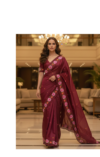Red Color Malti Thread Embroidery work art silk saree 2