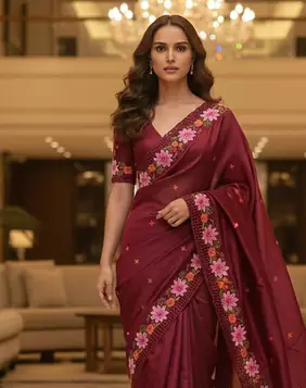 Red Color Malti Thread Embroidery work art silk saree