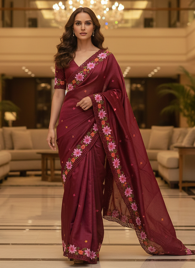 Red Color Malti Thread Embroidery work Silk Saree