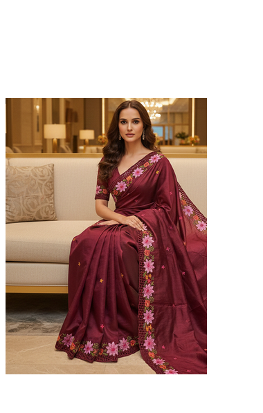 Red Color Malti Thread Embroidery work art silk saree 3